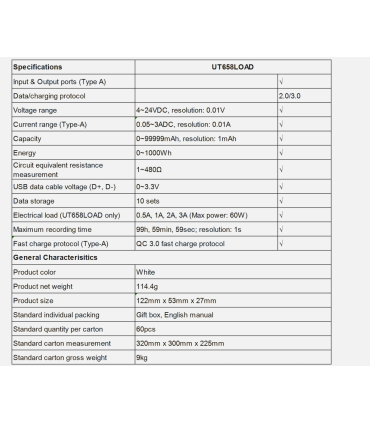 UNI-T UT658Load LCD Digital USB Tester Power Capacity Volt Amp Detector