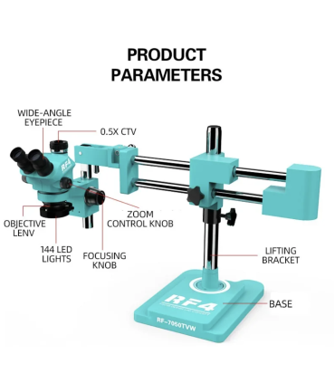 RF4 RF7050TVW Trinocular Stereo Continuous Zoom Industrial Boom Microscope